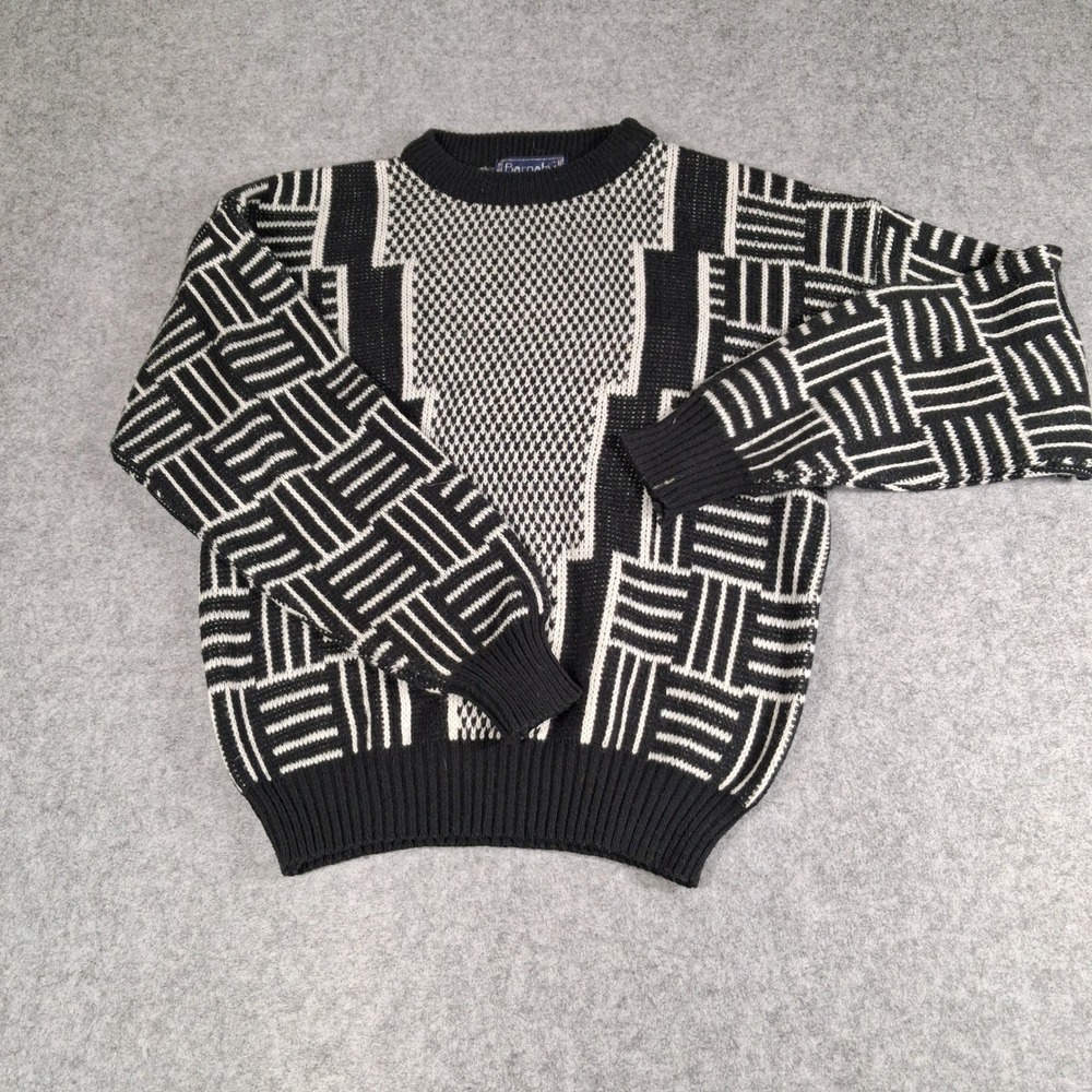 Barnaby Sweater Mens Size M Black White Geometric Knit Vintage Crewneck
